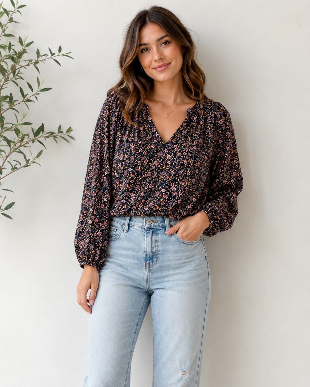 Roan & Ryan Black Pink Floral Boho Blouse Womens L Peasant Casual Cropped Shirt